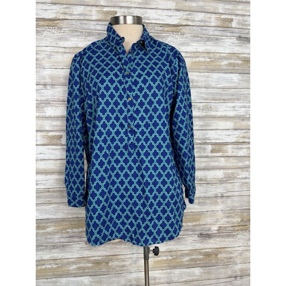Lands' End Geometric Blue Green Button-Up Blouse Long Sleeve Size 14
